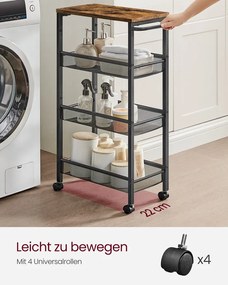 4 szintes kocsitálca, helytakarékos gurulós konyhakocsi, 22 cm mély, barna és fekete színben
