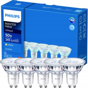 5x Led izzó GU10 Philips 4.7W 50W 345lm 2700K Meleg Master Value