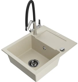 Mexen Enzo egymedencés gránit mosogató csepegtetővel és Duo konyhai csappal, bézs - 6506-69-671701-07-B