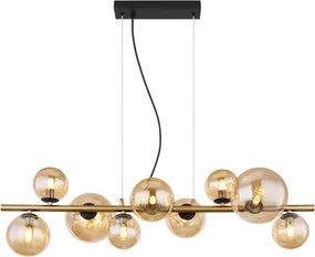 Globo 56135-9H Függeszték fém fekete matt, fém sárgaréz matt, üveg borostyán, HxSzxM: 866x360x1200mm, üveg méret 4X ø: 10 cm, 3x ø: 12 cm, 2 x ø: 15 cm, tartozék 9x G9 LED 3,5W 230V, forrás 80lm kimenet, 3000K, 10676 LED izzóval