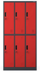 Fém öltözőszekrény 6 rekeszes IGOR, 900 x 1850 x 450 mm, antracit-piros