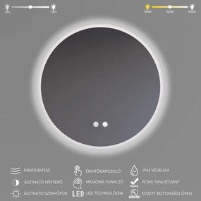 Kerek Led tükör Ø60cm Welland Alpha | Páramentesítő - Fényerő + színhőfok állítás