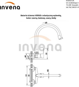 Invena Verso, falra szerelhető konyhai csaptelep 150mm elasztikus karral, fekete matt, INV-BC-82-E44-L