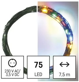 LED karácsonyi nano fényfüzér, zöld, 7,5 m, kültéri és beltéri, többszínű, időzítő