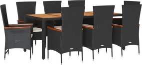 vidaXL 9 részes fekete polyrattan kerti étkezőgarnitúra párnákkal