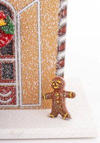 LED-es karácsonyi lámpás mézeskalács jellegű emeletes házikó ünnei díszítéssel fenyőfával asztali dekoráció 22x11x9cm