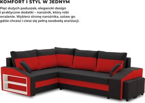 Grande sarokkanapé polcokkal és puffokkal , polc a bal karfaban puffok a jobb karfaban, baloldali, szövet anyag, hab töltet, fekete - piros