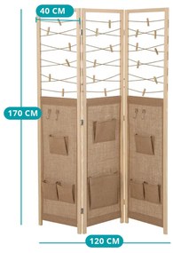 3 paneles paraván 8 tárolórekesszel és 4 akasztóval, natúr