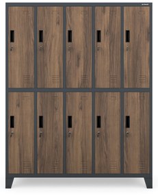 Pléh öltözőszekrény lábakon, 10 rekeszes BARTEK, 1360 x 1720 x 450 mm, Eco Design: antracit/ dió