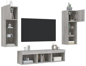 5 darab szürke sonoma színű szerelt fa fali TV-bútor LED-del