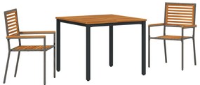 3 darabos Kerti Étkezősor Szürke Poli Rattan Akáccal, Összerakható Kerti Székek Párnákkal 2 db Szürke Poli Rattan, Kerti Asztal 90x90x75 cm Tömör Akácfa és Fém