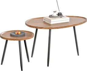 HOMCOM 2 db Összecsukható Oldalsó Asztal Modern Stílusú Fém Kerettel, 80x55x49 cm és Ø40x39 cm Fa Hatású és Fekete | Aosom