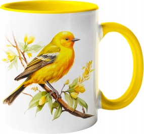 Bögre Gyönyörű Sárga Madár Virág Akvarell Ajándék 330ml +csomag