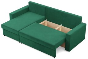 Zeus sarokkanapé, 2 ágyneműtartóval, egyenes kartámasz, bársony, univerzális oldal, bonell töltet, zöld