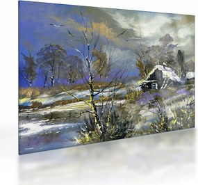 Téli tájon lévő házikó képe, olajfestmény (üvegen) (70x50 cm)