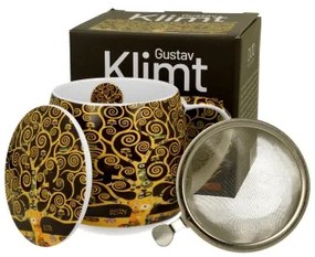 Porcelán teás bögre tetővel fém szűrővel 430 ml díszdobozban Gustav Klimt Életfa