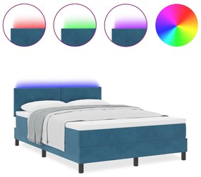 Boxspring Ágy Matrace és LED világítással Sötét Kék 140x190 cm Bársony