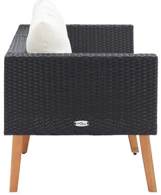 Kétszemélyes fekete polyrattan kerti kanapé párnákkal