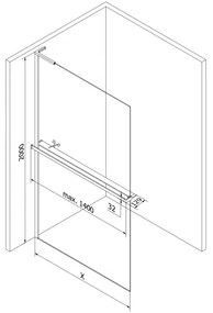 Mexen Kioto+ L, Walk-In zuhanyparaván polccal és akasztóval 80 x 200 cm, 8 mm átlátszó üveg fekete mintás, króm profil, 800-080-123-01-77