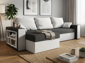 Kihúzható, kétoldalas L alakú kanapé NORIX 240x140 cm, szürke/fehér polccal + 2 díszpárna ingyen