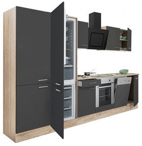 Yorki 340 konyhabútor sonoma tölgy korpusz,selyemfényű antracit front alsó sütős elemmel polcos szekrénnyel és alulfagyasztós hűtős szekrénnyel