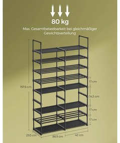 Állítható cipőtartó, 8-szintes cipőrendező, fekete