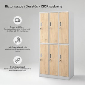 Szürke / Sonoma tölgy színű, 6 ajtós Eco Design IGOR BHP öltözőszekrény, 900 x 1850 x 450 mm
