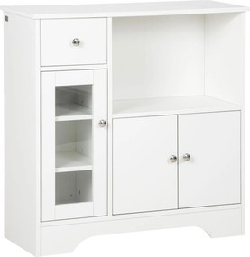 HOMCOM Fehér Oldalszekrény Modern Konyhai Szekrény Üveg Ajtóval Fiókkal Nyitott Polccal és Állítható Polcokkal 80x30x82 cm | Aosom
