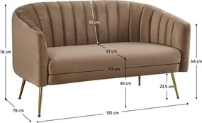Design kétszemélyes kanapé, barna Velvet szövet/gold króm-arany, BAGY