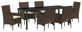 7 Darabos Kerti Étkezőkészlet Párnákkal Barna Poli Rattan, Kerti Asztal Fekete 200x80x73 cm Edzett Üveg
