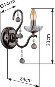 Globo 64134W Fali lámpa fém fekete-króm, füstszínű/átlátszó üvegkristályok, fény iránya: felfelé, SzxM: 140x330mm, Mélység: 240mm, 1x E14 40W 230V izzó nélkül