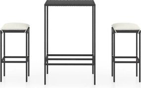 vidaXL 3 részes fekete polyrattan kültéri bárszett párnákkal