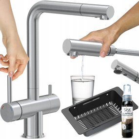 Háromutas Acél Konyhai Csaptelep Kihúzható Szűrő Kifolyócsővel Két Fogantyúval