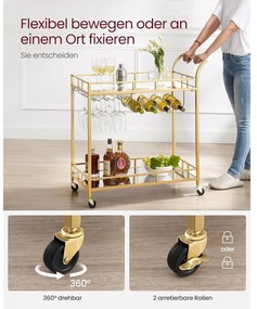 Zsúrkocsi, felszolgáló kocsi tükrös polccal 80 x 77,5 x 38 cm, arany