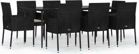 vidaXL 9 részes fekete polyrattan kerti étkezőgarnitúra párnákkal
