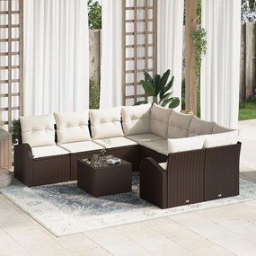 9 részes kerti kanapé szett párnákkal Barna Poly Rattan, 2 személyes kerti kanapé tárolóval & párnákkal Barna Poly Rattan