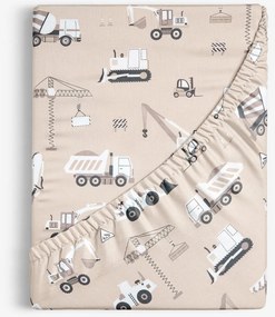 Goldea gyerek pamut gumis lepedő - teherautók és markolók bézs alapon 90 x 200 cm