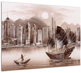 Kép - Victoria Harbour, Hong Kong, szépia hatás (üvegen) (70x50 cm)
