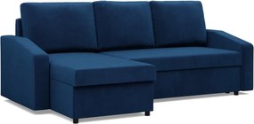 Zeus sarokkanapé, 2 ágyneműtartóval, döntött kartámasz, bársony, univerzális oldal, hab töltet, kék