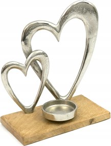 Gyertyatartó Ezüst Barna 2 Szív 25cm Fém Fa