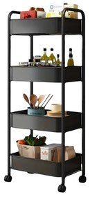Fürdőszobai-konyhai 4 szintes gurulós tárolópolc, 90 cm magas, fekete