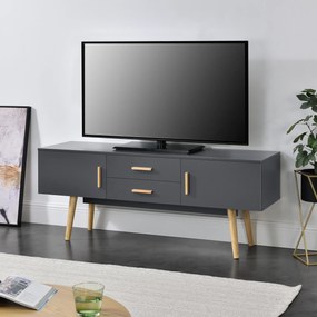 TV-állvány 140 x 40 x 56 cm TV-szekrény 2 szekrényajtóval és 2 fiókkal fa tartólábakkal komód forgácslap sötétszürke [en.casa]