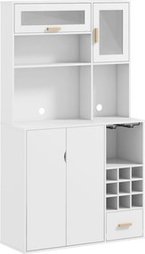HOMCOM Magas Szekrény Borospolccal, 3 Szekrény, 4 Polc és Fiók, Modern Szekrény Forgácslapból és Fenyőfából, 100x38x172 cm, Fehér | Aosom
