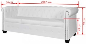 3 személyes fehér műbőr Chesterfield kanapé