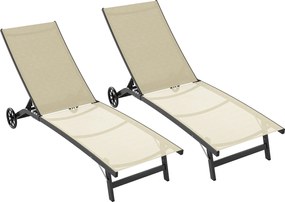 Outsunny 2 db napozóágy alumíniumból és textilénből kerekekkel, állítható háttámla, max. teherbírás 150 kg, khaki | Aosom