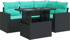 vidaXL 5 részes fekete polyrattan akácfa kerti kanapészett párnákkal