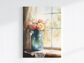 Vászonkép Canvas Akvarell Virágok Rózsák Befőttesüveg Ablak Shabby Chic 60x80