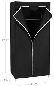 Összecsukható szövet ruhásszekrény, mobil gardrób, 75 x 45 x 160cm, fekete
