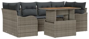 7 Részes Kerti Sofa Szett Párnákkal Szürke Poli Rattan Akácia, 2-Személyes Kerti Sofa Párnákkal Szürke Poli Rattan