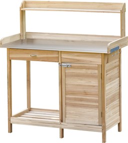 Outsunny Ültető Asztal Kertész Asztal 2 Polccal, Fiókkal, Szekrénnyel, Horganyzott Acél Lappal, 3 Horgonyzóval - Fenyő Fa Ültető Asztal | Aosom